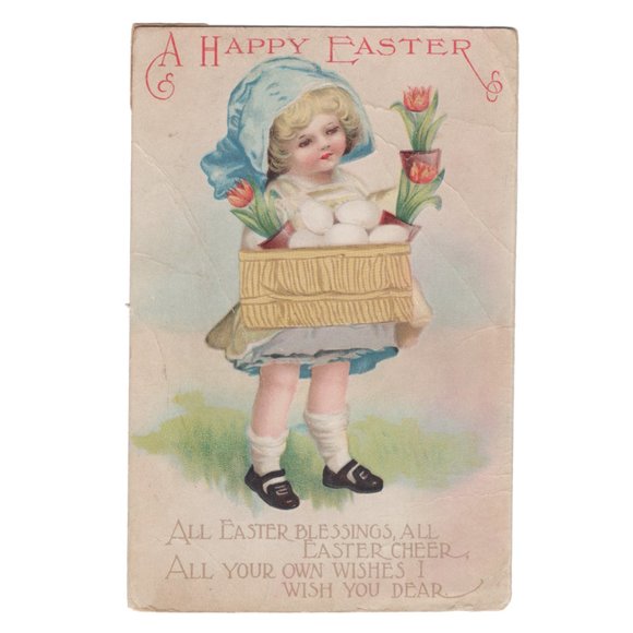 Antique Easter Postcard Girl in Blue Carrying Basket of Eggs Tulips Flowers - Picture 1 of 2